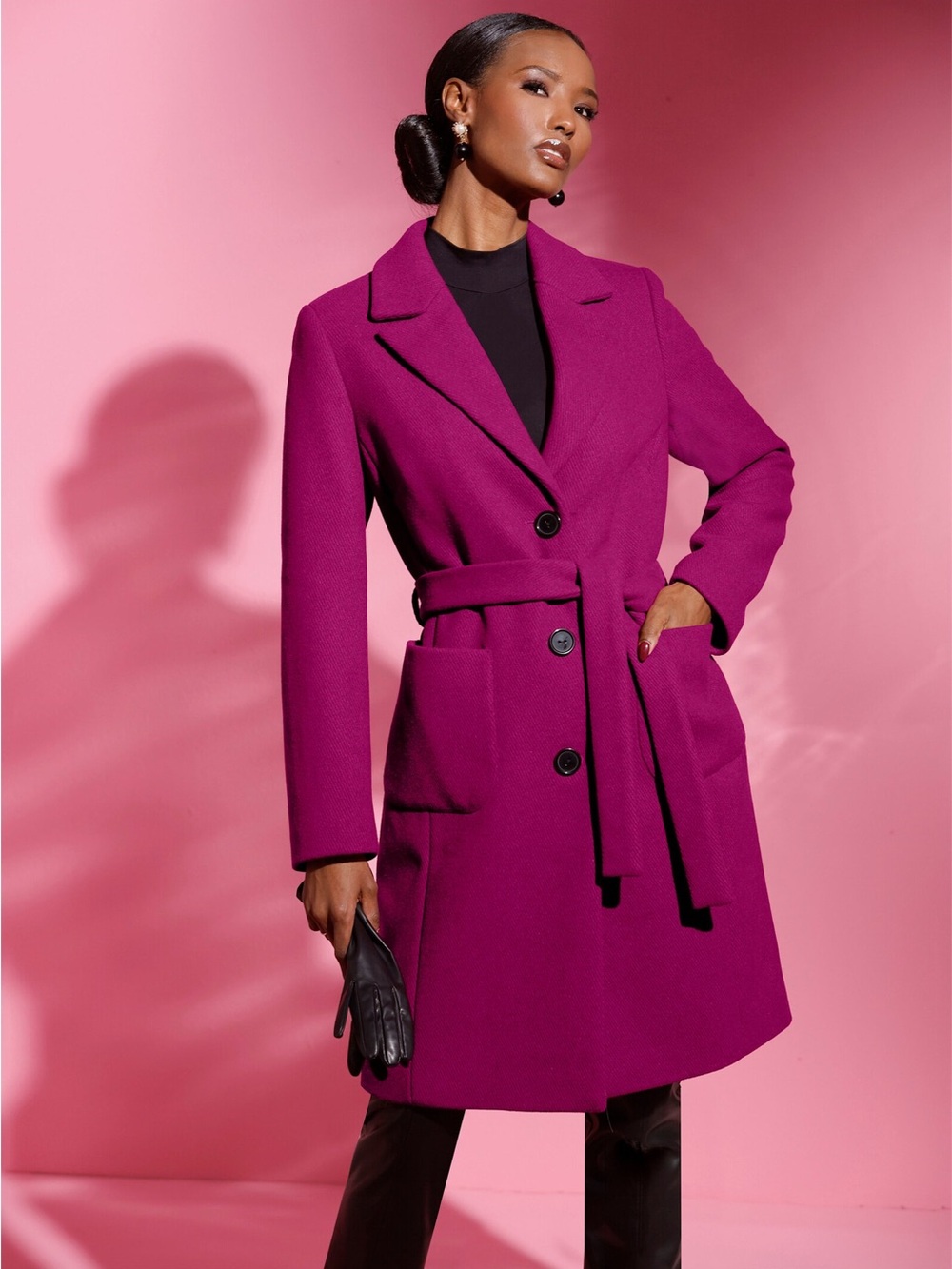 Karl Lagerfeld Paris Berry Purple Magenta Fuschia Wool Trench Pea Coat Designer
